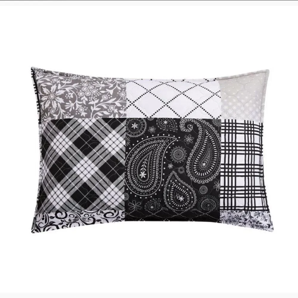 Farmhouse Black and White Reversible Patchwork King Quilt Set Matching Tote Bag
